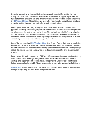 Arihant Plast Quality HDPE Spigot Fittings for Agriculture