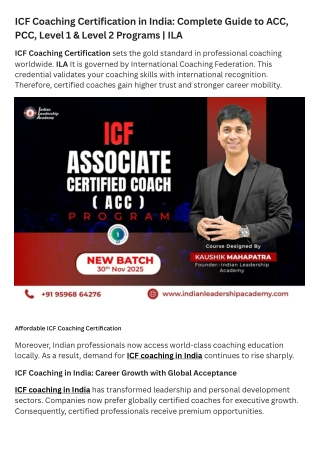 ICF Coaching Certification in India Complete Guide to ACC, PCC, Level 1 & Level 2 Programs  ILA