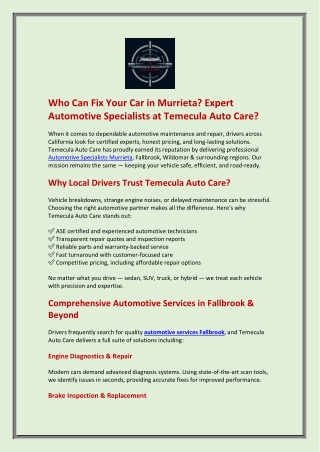 Who Can Fix Your Car in Murrieta. Expert Automotive Specialists at Temecula Auto Care