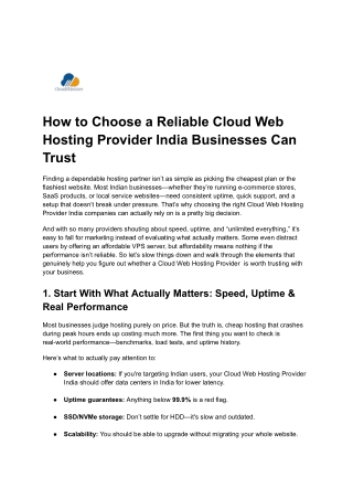How to Choose a Reliable Cloud Web Hosting Provider India Businesses Can Trust