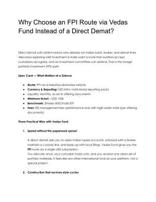 Why Choose an FPI Route via Vedas Fund Instead of a Direct Demat