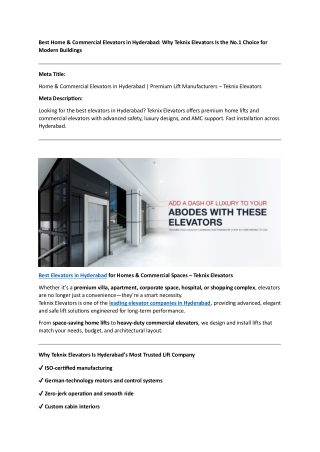 Best Home & Commercial Elevators in Hyderabad - Why Teknix Elevators Is the No.1 Choice for Modern Buildings