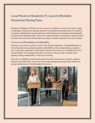 Local Movers in Bradenton FL Launch Affordable Residential Moving Plans