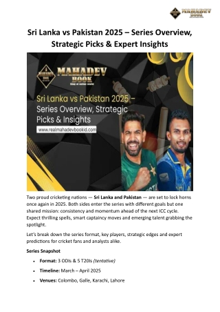 Sri Lanka vs Pakistan 2025 – Series Overview, Strategic Picks & Expert Insights