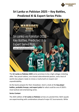 Sri Lanka vs Pakistan 2025 – Key Battles, Predicted XI & Expert Series Picks