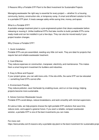 5 Reasons Why a Portable STP Plant Is the Best Investment for Sustainable Projec