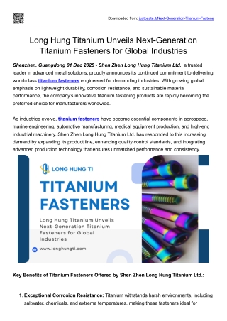 Long Hung Titanium Unveils Next-Generation Titanium Fasteners for Global Industries