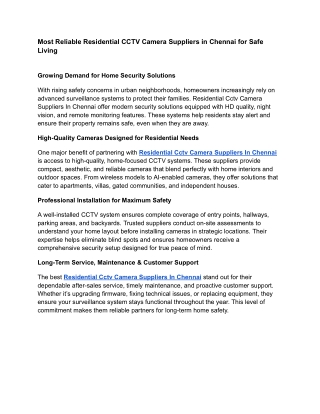 Most Reliable Residential CCTV Camera Suppliers in Chennai for Safe Living