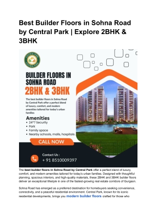 Builder Floors in Sohna Road by Central Park | Explore 2BHK & 3BHK
