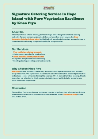 Signature Catering Service in Hope Island with Pure Vegetarian Excellence by Khao Piyo