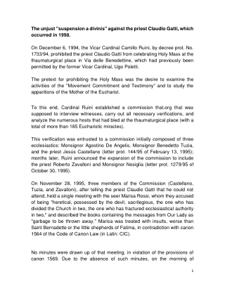 The unjust suspension a divinis against the priest Claudio Gatti