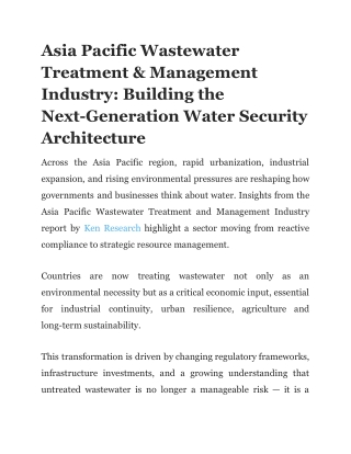 Asia Pacific Wastewater Treatment & Management Industry Challenges and Risks