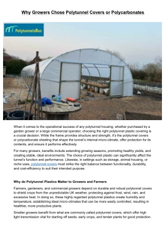 Why Growers Chose Polytunnel Covers or Polycarbonates
