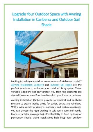 Upgrade Your Outdoor Space with Awning Installation in Canberra and Outdoor Sail Shade