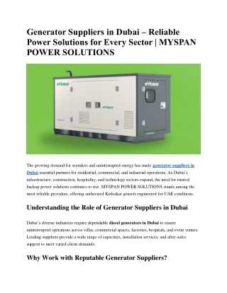 Generator Suppliers in Dubai – Reliable Power Solutions for Every Sector | MYSPA