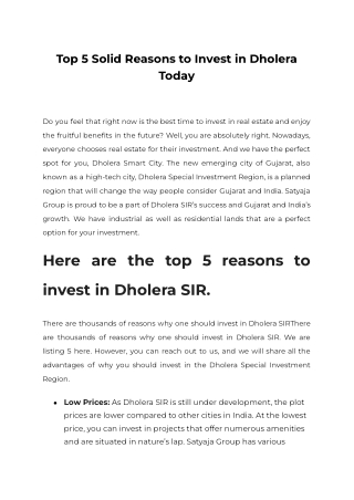 Top 5 Solid Reasons to Invest in Dholera Today