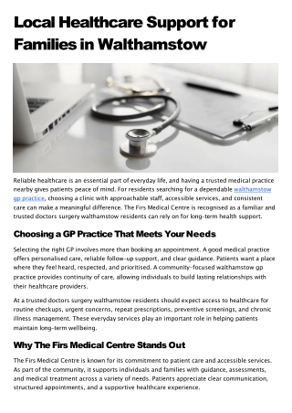 Local Healthcare Support for Families in Walthamstow