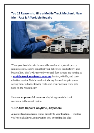 Top 12 Reasons to Hire a Mobile Truck Mechanic Near Me - Fast & Affordable Repairs