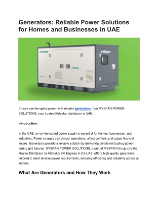 Generators: Reliable Power Solutions for Homes and Businesses in UAE