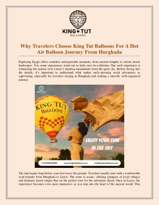 Why Travelers Choose King Tut Balloons For A Hot Air Balloon Journey From Hurgha