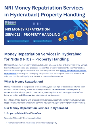 Money Repatriation Service for NRIs in India | Property Handling