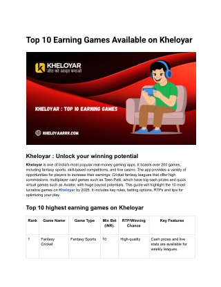 Top 10 Earning Games Available on Kheloyar