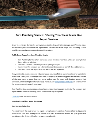 Zurn Plumbing Service Offering Trenchless Sewer Line Repair Services