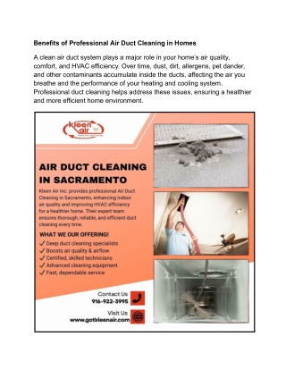 Benefits of Professional Air Duct Cleaning in Homes
