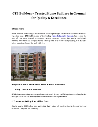 GTB Builders – Trusted Home Builders in Chennai for Quality & Excellence