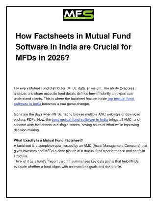 How Factsheets in Mutual Fund Software in India are Crucial for MFDs in 2026