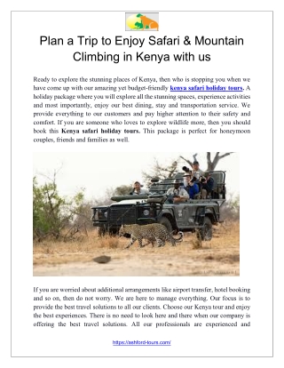 Plan a Trip to Enjoy Safari & Mountain Climbing in Kenya with us-
