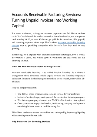 Accounts Receivable Factoring Services Turning Unpaid Invoices Into Working Capital