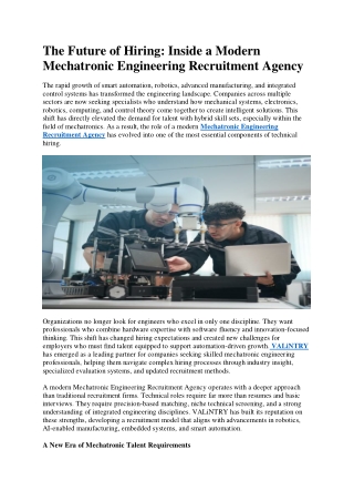 The Future of Hiring Inside a Modern Mechatronic Engineering Recruitment Agency