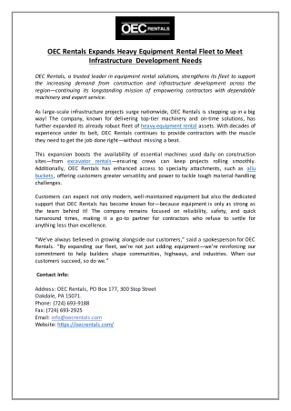 OEC Rentals Expands Heavy Equipment Rental Fleet to Meet Infrastructure Development Needs