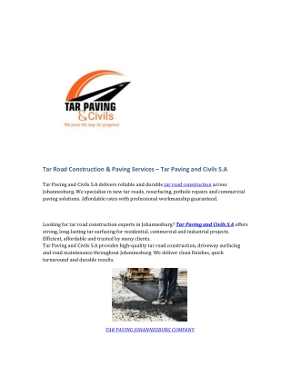 Tar Paving and Construction Services Gauteng