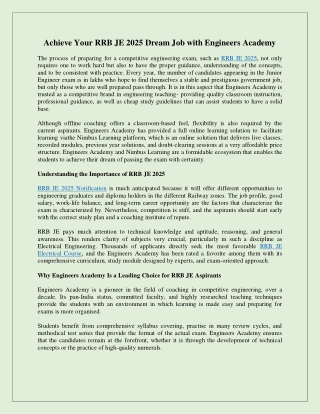 Achieve Your RRB JE 2025 Dream Job with Engineers Academy