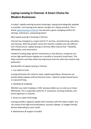 Laptop Leasing in Chennai: Flexible, Affordable Tech Solutions for Businesses