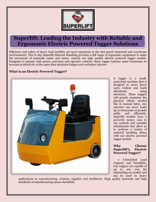 Superlift Leading the Industry with Reliable and Ergonomic Electric Powered Tugger Solutions