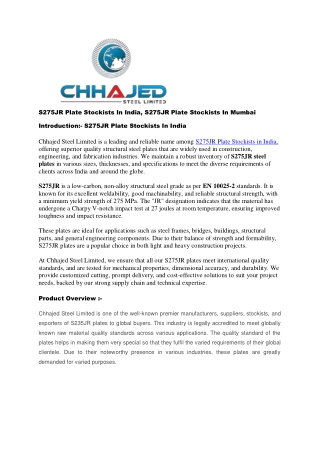 S275JR Plate Stockists In India