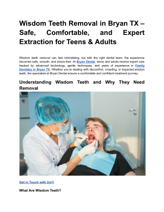 Wisdom Teeth Removal in Bryan TX – Safe, Comfortable, and Expert Extraction for Teens & Adults