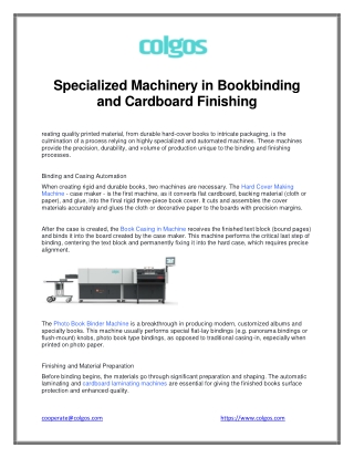 Specialized Machinery in Bookbinding and Cardboard Finishing
