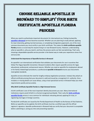 Choose Reliable Apostille in Broward to Simplify Your Birth Certificate Apostille Florida Process