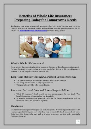 Benefits of Whole Life Insurance- Preparing Today for Tomorrow’s Needs