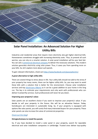 Solar Panel Installation An Advanced Solution For Higher Utility Bills