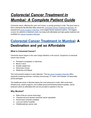 Affordable Colorectal Cancer Treatment in Mumbai- A Complete Patient Guide