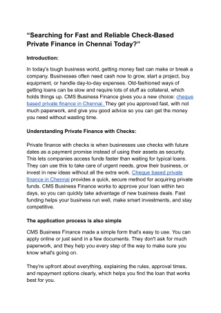 “Searching for Fast and Reliable Check-Based Private Finance in Chennai Today