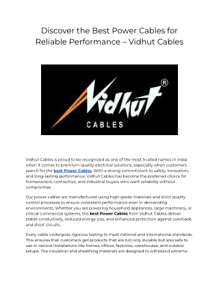 Discover the Best Power Cables for Reliable Performance – Vidhut Cables