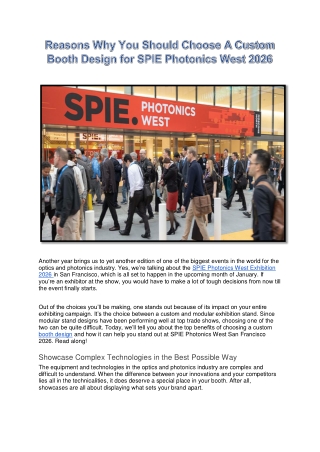 Reasons Why You Should Choose A Custom Booth Design for SPIE Photonics West 2026