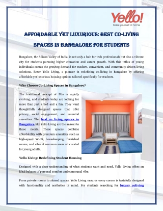 Affordable Yet Luxurious Best Co-Living Spaces in Bangalore for Students