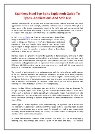 Stainless Steel Eye Bolts Explained  Guide To Types, Applications And Safe Use